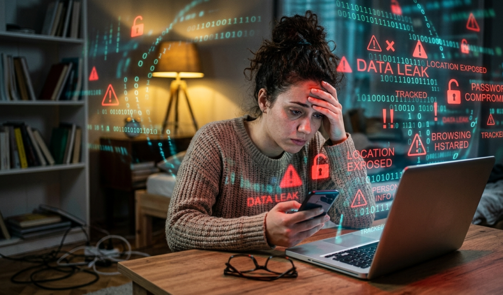 A person surrounded by floating warning symbols and data leaks coming out of their phone and laptop, representing privacy risks online, dramatic lighting, realistic style, high detail