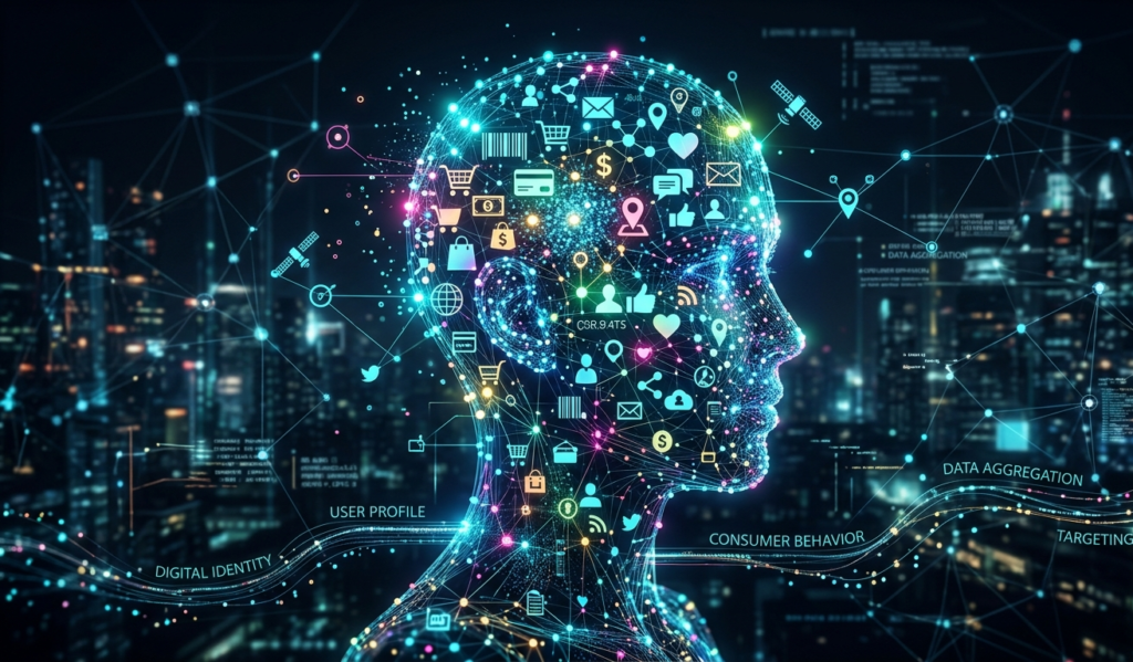 A human head made of digital data points and icons (shopping, social media, location), representing how companies build user profiles, futuristic concept art, glowing elements, dark background