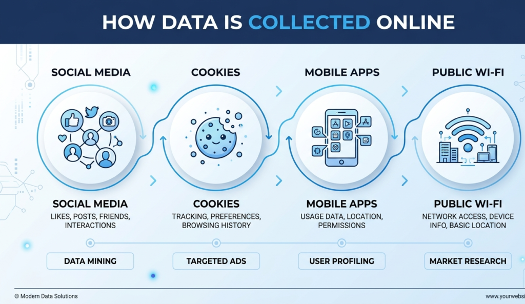 A modern infographic showing how data is collected online, including icons for social media, cookies, apps, and Wi-Fi, clean layout, minimal design, blue and white color scheme, professional style