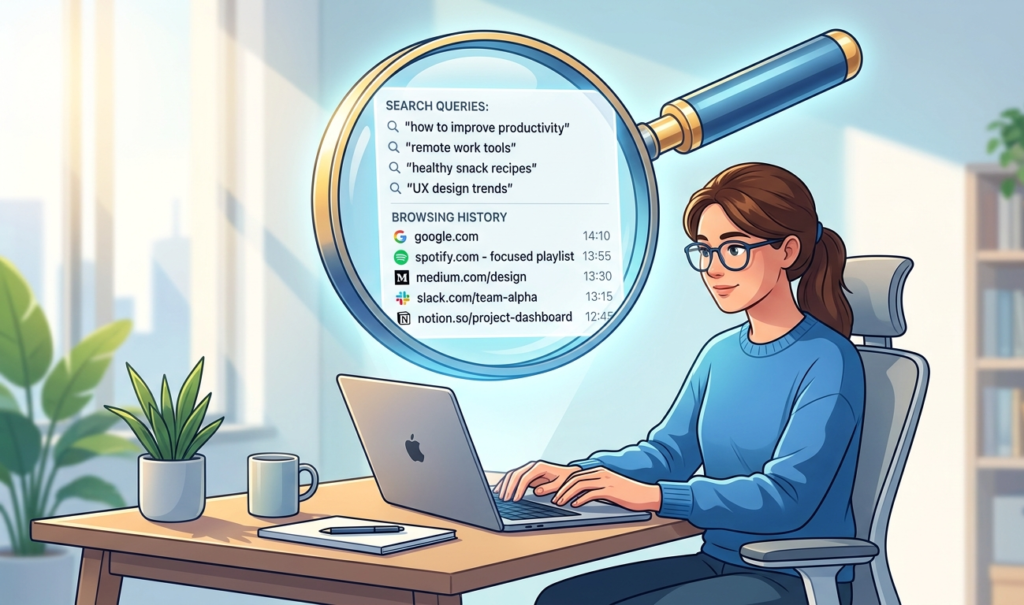 A person typing on a laptop while a giant magnifying glass hovers above showing search queries and browsing history, conceptual illustration, clean modern style, bright background