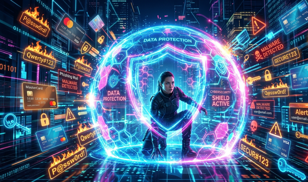 A glowing shield protecting a person surrounded by floating digital icons like passwords, credit cards, and emails, symbolizing cybersecurity and data protection, futuristic, neon colors, high detail