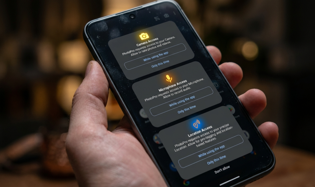 A close-up of a smartphone screen showing permission pop-ups (camera, microphone, location), with glowing warning icons, realistic style, soft depth of field, modern UI design, high resolution