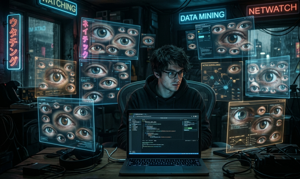 A person sitting in front of a laptop while multiple transparent screens display eyes watching them, symbolizing online surveillance and data tracking, moody lighting, cyberpunk style, high detail, dramatic shadows