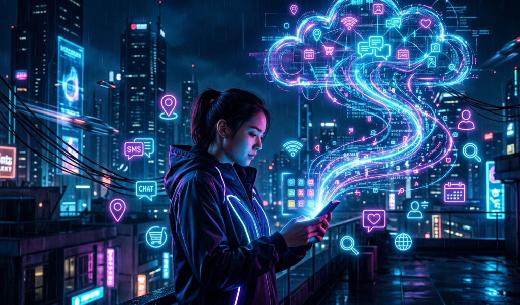 A futuristic digital scene showing a person using a smartphone while glowing data streams flow from the device into the cloud, surrounded by icons like location pins, messages, and shopping carts, dark background, neon blue and purple lighting, cinematic, ultra-detailed