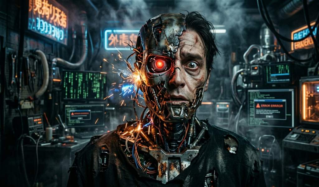 Face of a robot glitching into human features, wires and sparks exposed, dark cyberpunk lab, cinematic horror style