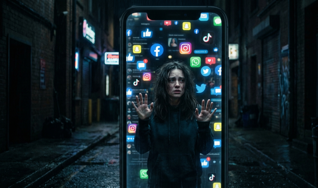 Person trapped inside a giant smartphone, social media icons floating around, dark moody colors, emotional, cinematic composition