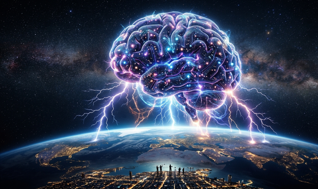 Gigantic AI brain hovering above Earth, lightning and energy arcs, humans tiny below, surreal and dramatic style