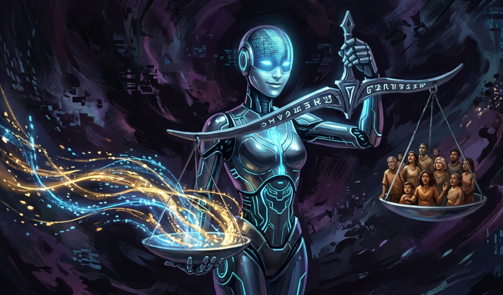 A humanoid AI holding a balance scale, humans on one side, glowing data streams on the other, dark abstract background, concept art style