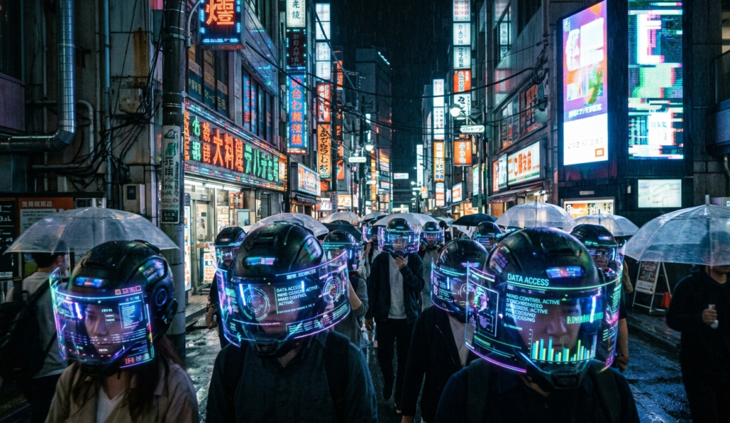 People with holographic mind helmets, AI controlling thoughts, neon-lit futuristic city, dystopian cyberpunk aesthetic
