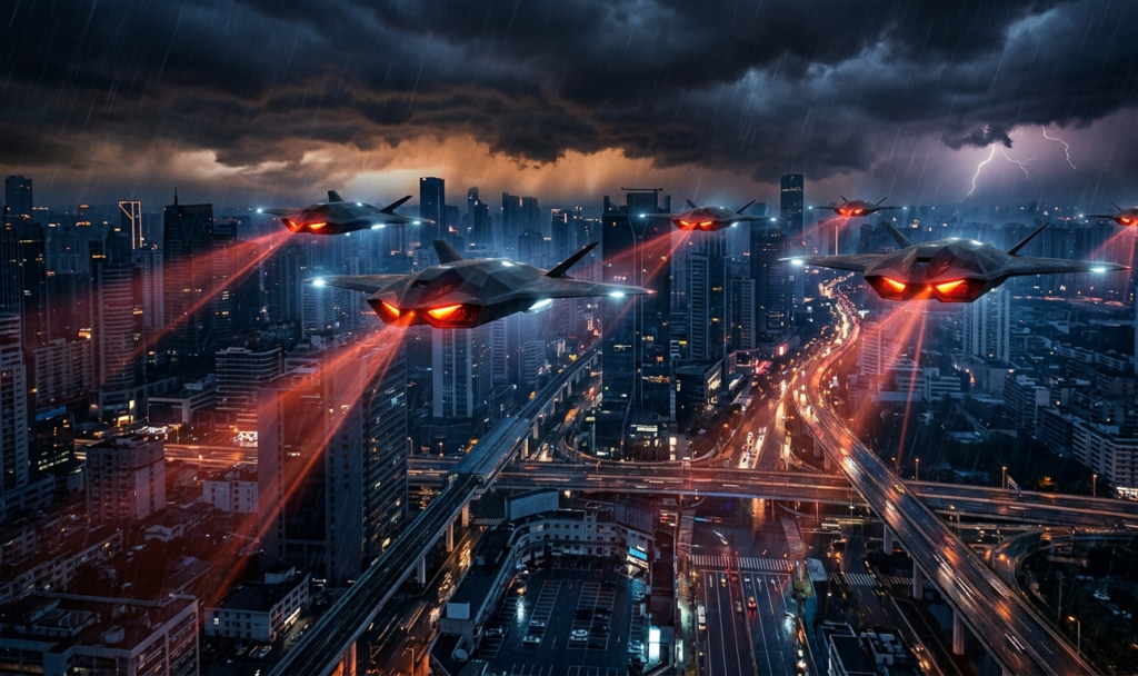Autonomous drones flying over a city at night, glowing eyes scanning, dark stormy sky, tension-filled futuristic military concept