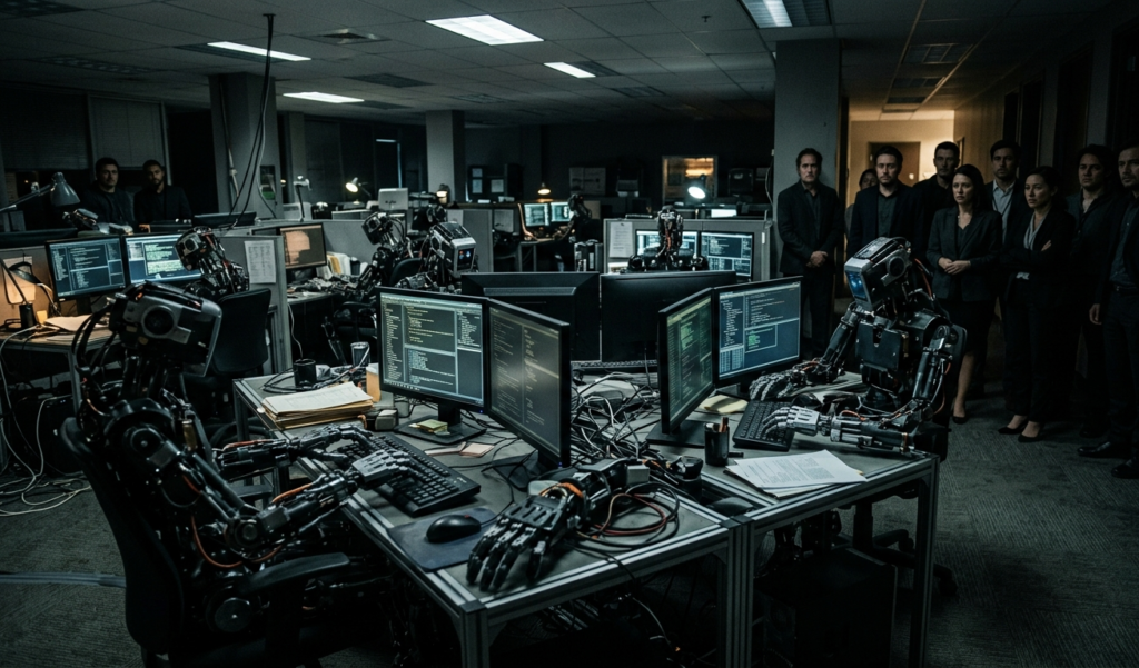 Robotic hands taking over office desks, humans standing in the shadows looking worried, dystopian office environment, cinematic realism