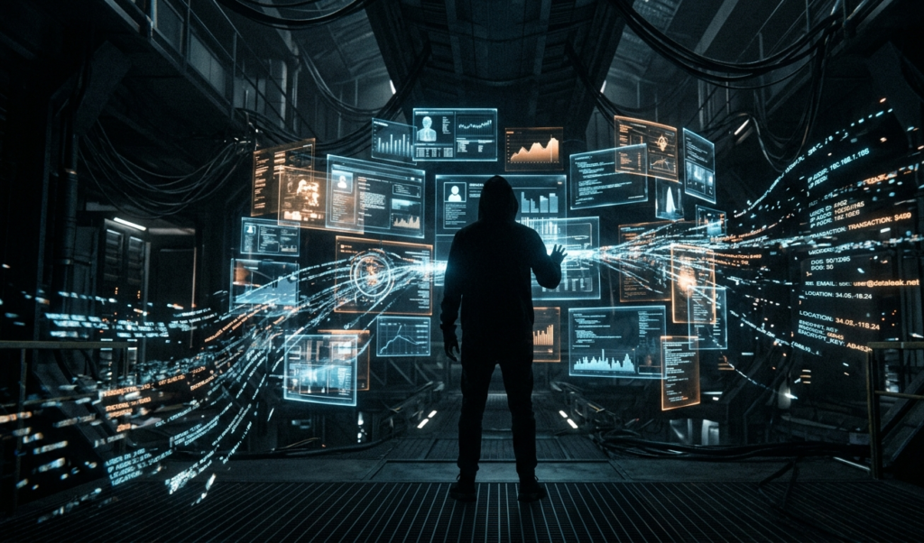 Human silhouette surrounded by floating transparent screens, personal data leaking as holographic streams, dark futuristic room, dramatic lighting