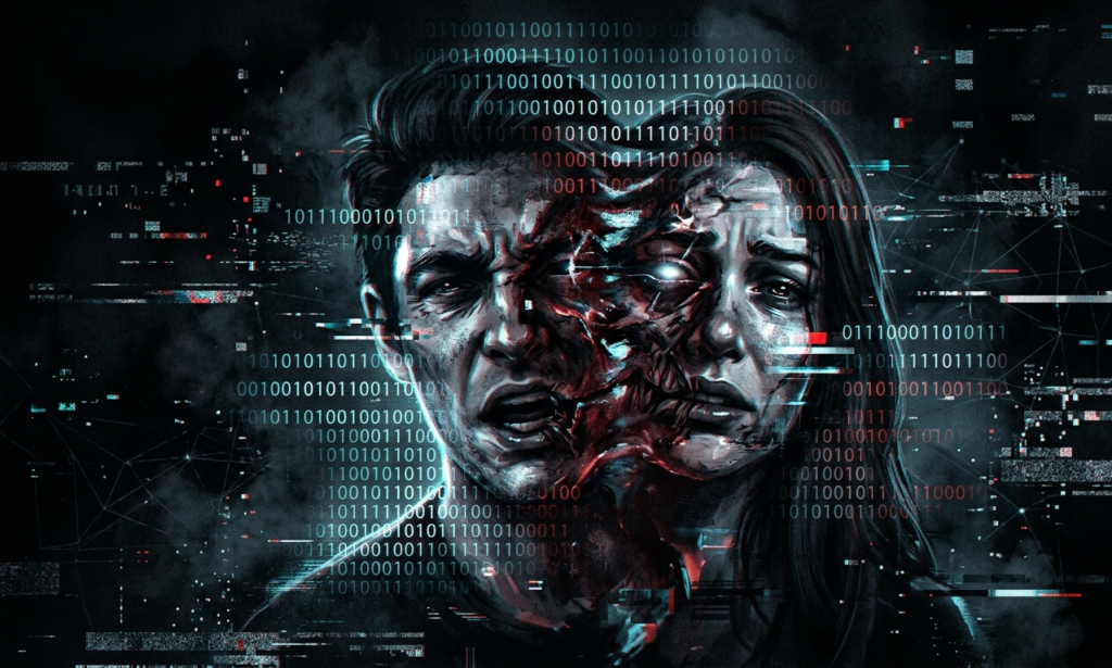 Two faces merging into one, digital glitch effects, binary code overlay, concept art style, eerie and unsettling atmosphere