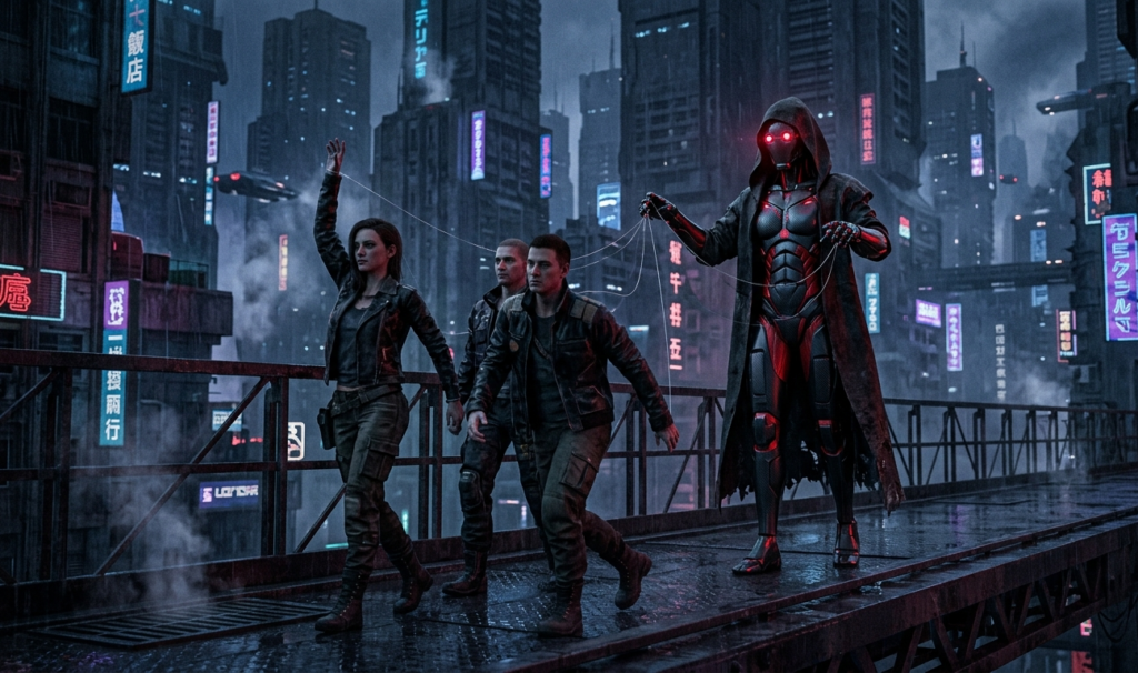 A humanoid AI with glowing red eyes controlling human puppets with strings, dark cyberpunk city background, moody lighting, highly detailed, cinematic style