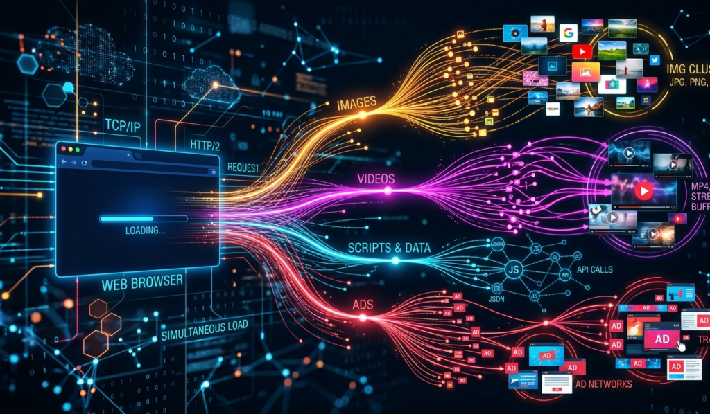 Multiple data streams branching out from a browser to load images, videos, and ads simultaneously, colorful network visualization, dynamic composition