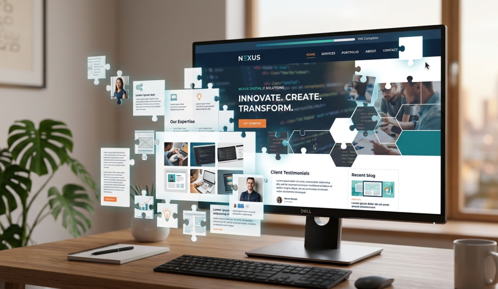 A web page assembling itself piece by piece on a screen (text, images, layout), like puzzle pieces forming a complete website, clean UI design