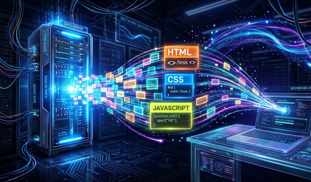 A server sending back files labeled HTML, CSS, and JavaScript, visualized as glowing data blocks flowing back to a computer, futuristic digital art