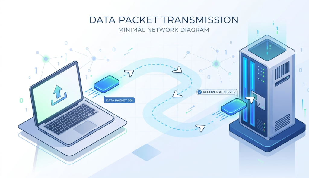 Animated-style illustration of a data packet traveling from a laptop to a server, arrows indicating direction, clean tech diagram style, modern and minimal