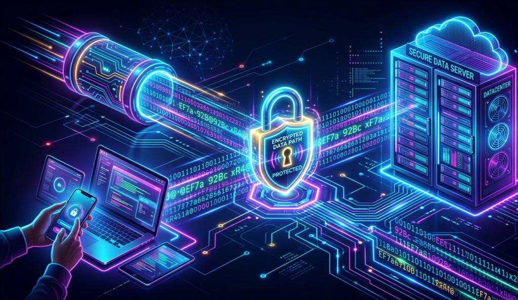 A glowing lock symbol protecting data traveling between a user device and a server, streams of encrypted data, cybersecurity concept, dark background with neon highlights
