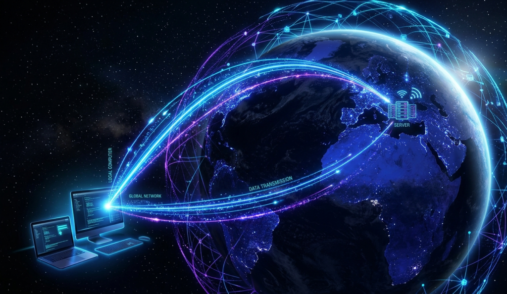 Visualization of a computer connecting to a distant server through glowing network lines across the globe, earth in background, digital connections, blue and purple tones