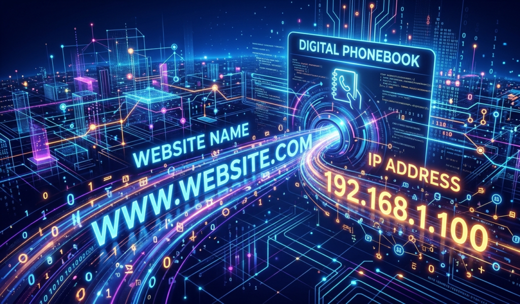 Conceptual illustration of a digital “phonebook” transforming a website name into a numeric IP address, glowing numbers and text floating in cyberspace, futuristic style