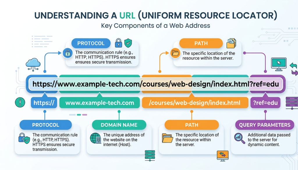 Clean infographic-style image showing a URL broken into parts (protocol, domain, path), labeled with arrows, modern flat design, white background, tech educational style