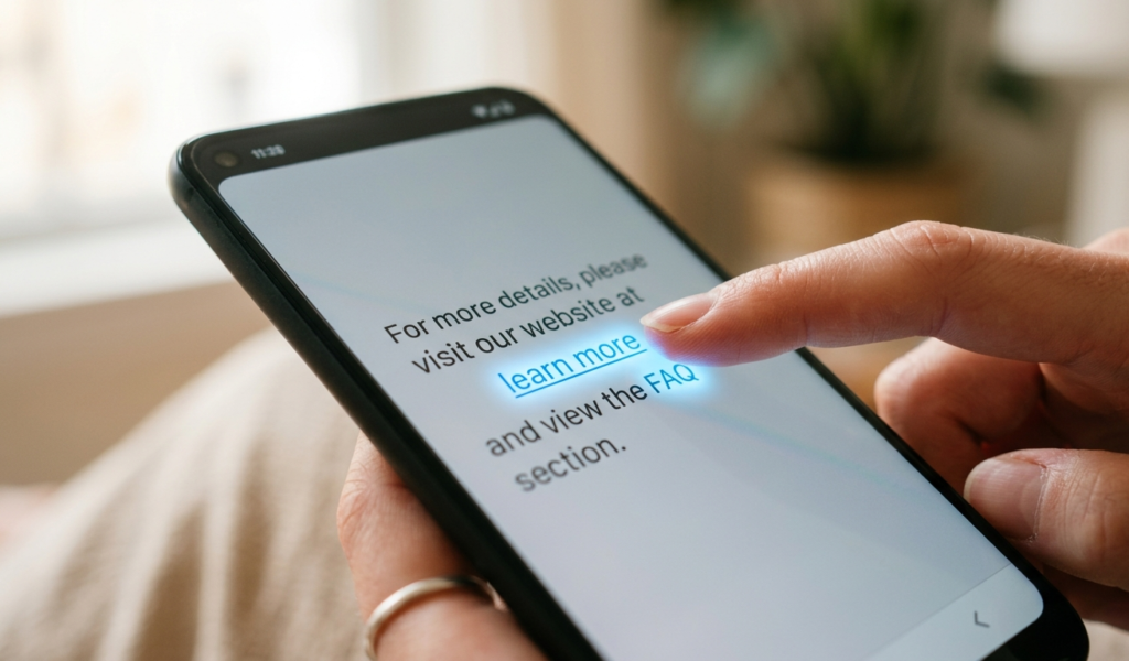 Close-up of a finger tapping a glowing hyperlink on a smartphone screen, minimal background, soft lighting, modern UI design, focus on interaction, high detail