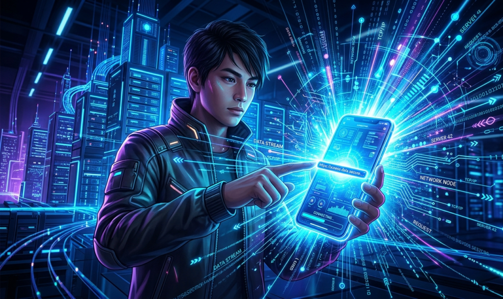 A futuristic digital illustration of a person tapping a glowing link on a smartphone, with data streams, servers, and network lines flowing outward, representing internet processes, blue neon color scheme, highly detailed, modern tech style, cinematic lighting, 16:9