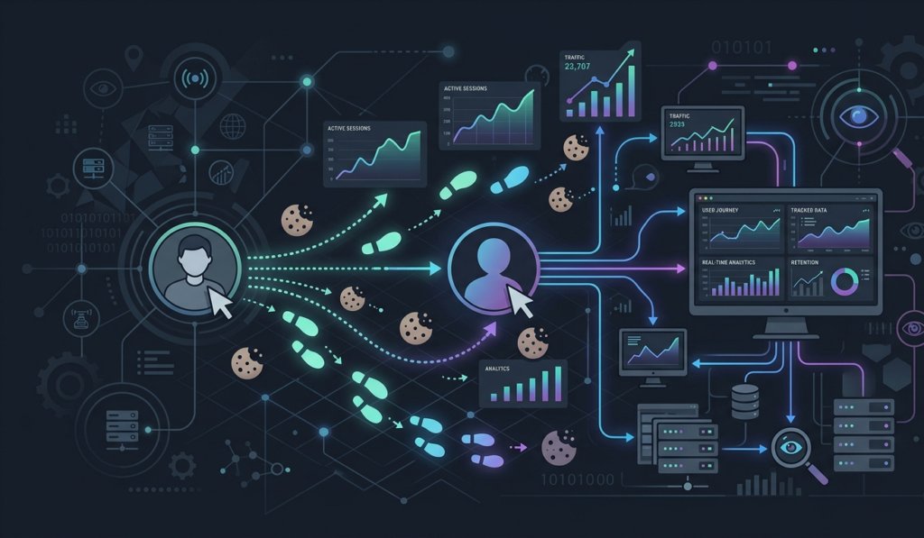 A subtle illustration of user activity being tracked online, cookies icons, analytics graphs, and digital footprints, modern flat design with slight dark tone