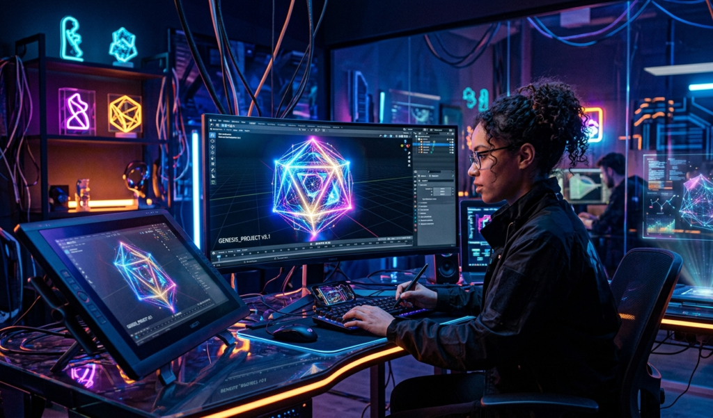 A designer creating a 3D object on screen, glowing geometric shapes, futuristic environment, neon lighting, creative digital art scene, ultra detailed