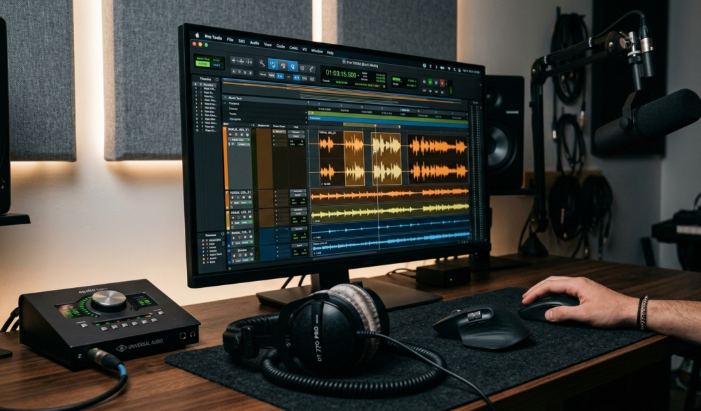 Close-up of audio waveform editing on a screen, headphones on desk, dark mode interface, professional audio setup, modern tech look, high detail
