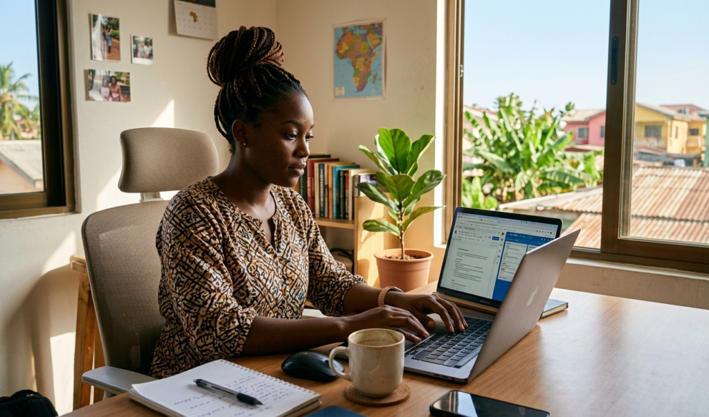 A freelancer working remotely on a laptop with cloud-based tools open, coffee beside, bright natural light, home office setup in Africa, realistic lifestyle image
