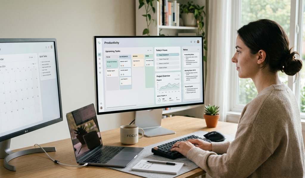 A woman working in a digital workspace showing organized dashboards, task boards, and notes on screen, minimal aesthetic, soft colors, productivity concept, modern UI, calm and focused mood
