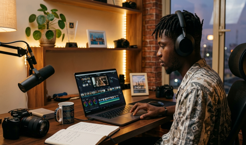 A content creator editing a video timeline on a laptop, cinematic lighting, headphones, modern editing interface, African workspace setup, professional vibe, depth of field, realistic