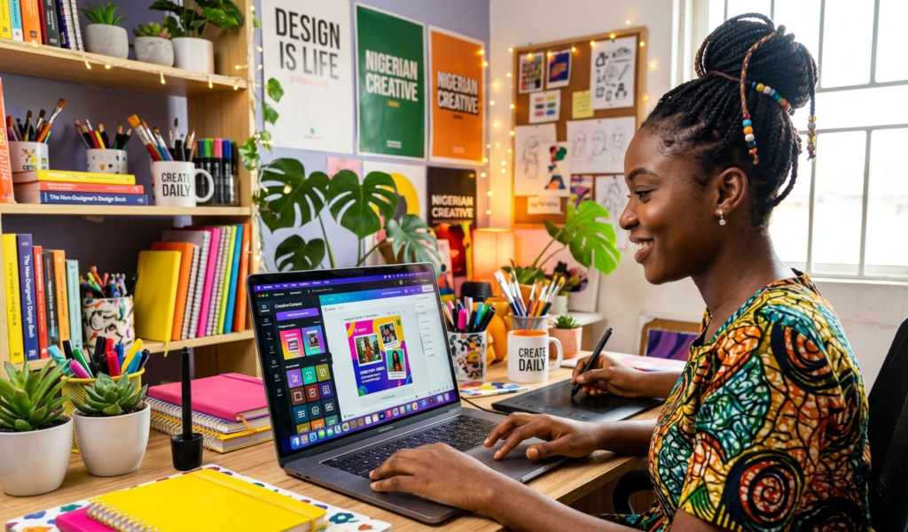 A young African creator designing social media graphics on a laptop using a colorful interface, bright workspace, creative environment, vibrant colors, modern UI elements, realistic style