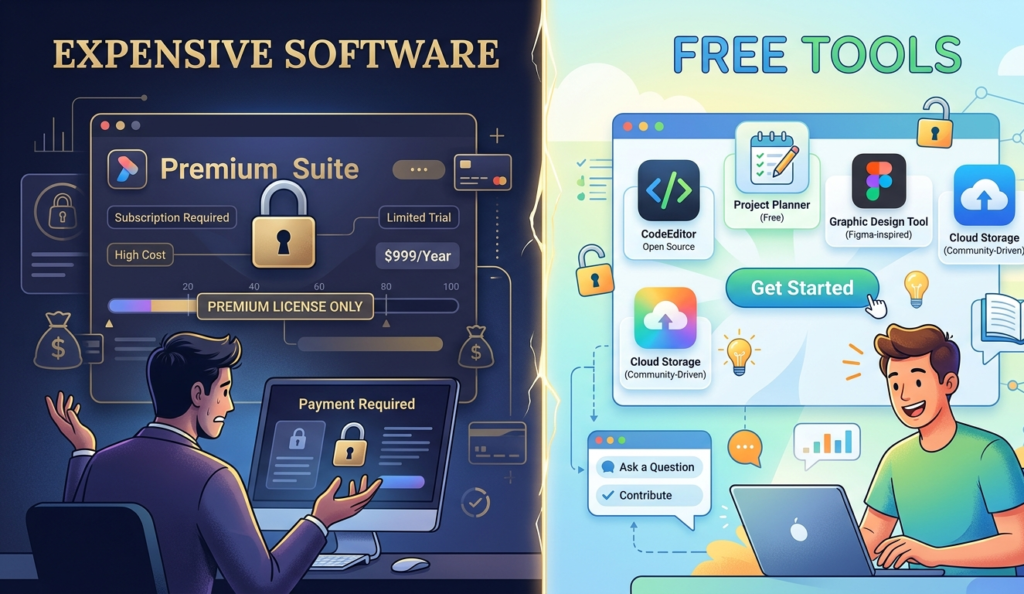 Split-screen image showing expensive software on one side (dark, costly, locked icons) and free tools on the other side (bright, open, accessible apps), contrast lighting, modern digital illustration, tech theme, 4K