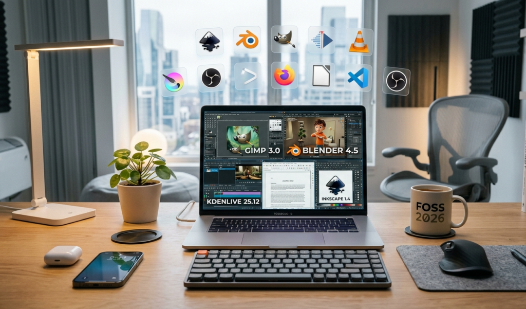 A modern workspace with a laptop showing multiple free software tools on screen, clean desk setup, soft lighting, minimal aesthetic, floating app icons (design, video editing, productivity), futuristic 2026 vibe, high resolution, ultra realistic