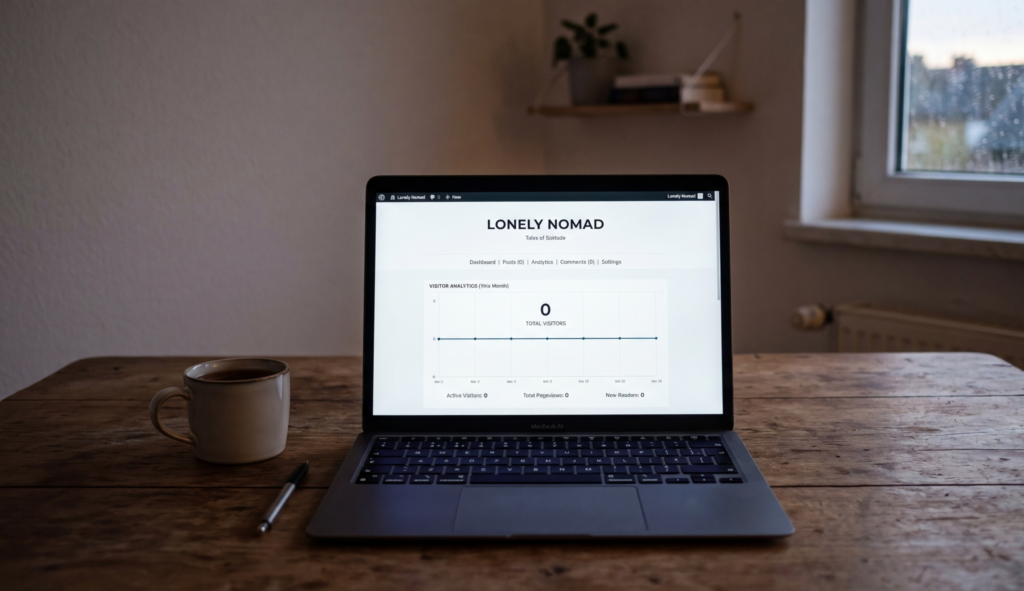 A lonely blog website displayed on a laptop with “0 visitors” analytics chart, empty background, minimalistic design
