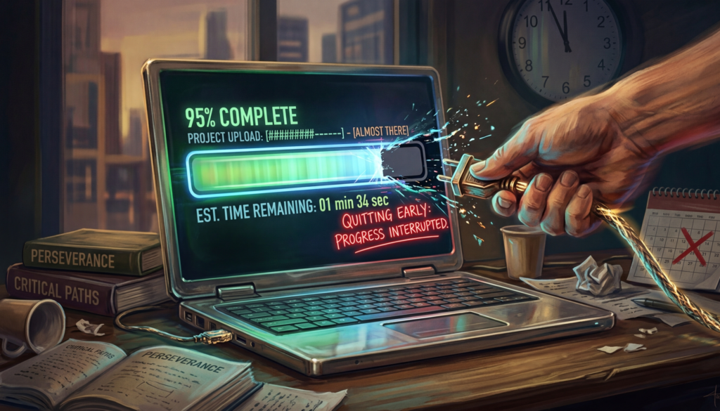 A progress bar almost complete but someone unplugging the laptop, metaphor for quitting early, creative concept art