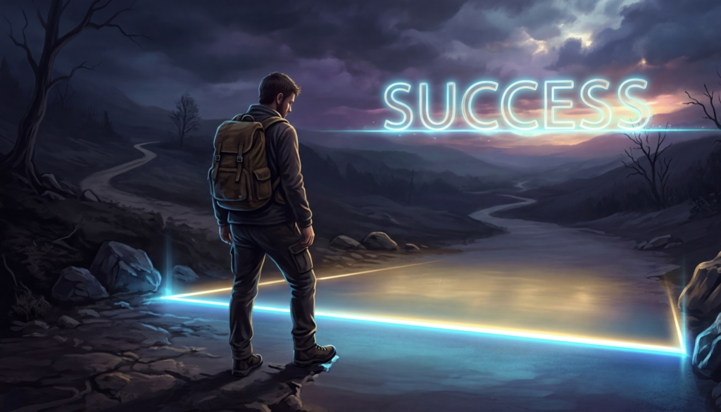 A person stopping just before reaching a glowing finish line labeled “success”, dark path behind, symbolic illustration