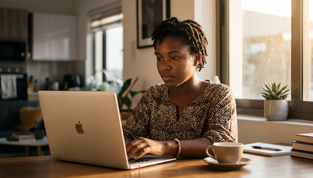A determined young African woman working on her laptop early morning with sunlight entering, calm and focused mood, success mindset theme