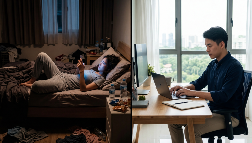 Split image: left side lazy person lying down scrolling phone, right side focused person working on laptop, bright vs dark contrast, motivational concept