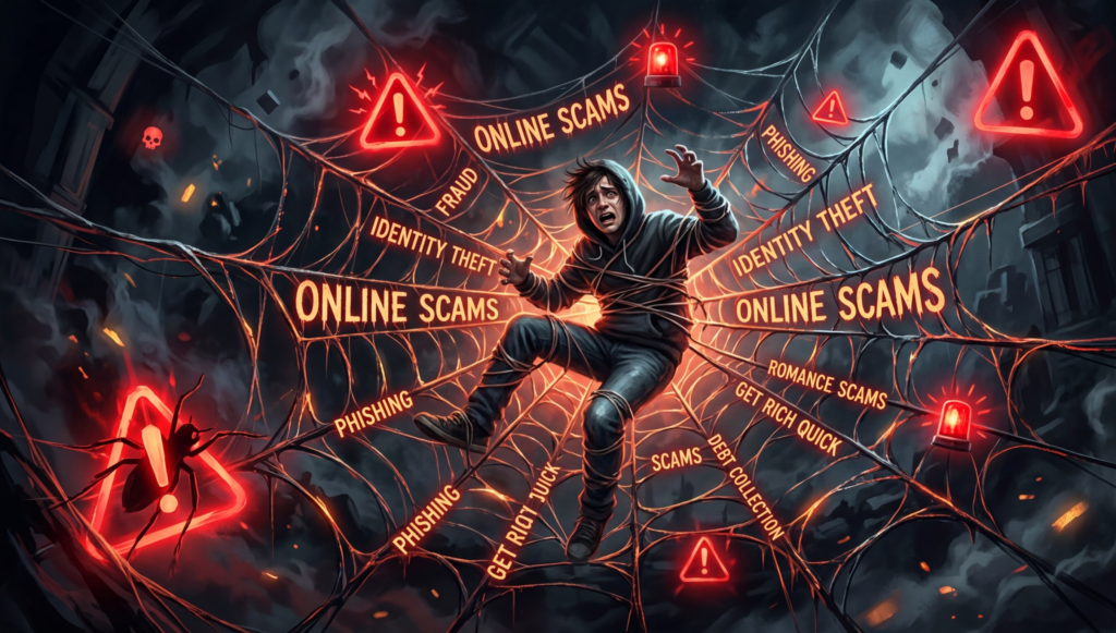 A person trapped in a web labeled “online scams”, glowing red warning icons, dark dramatic background, symbolic concept art