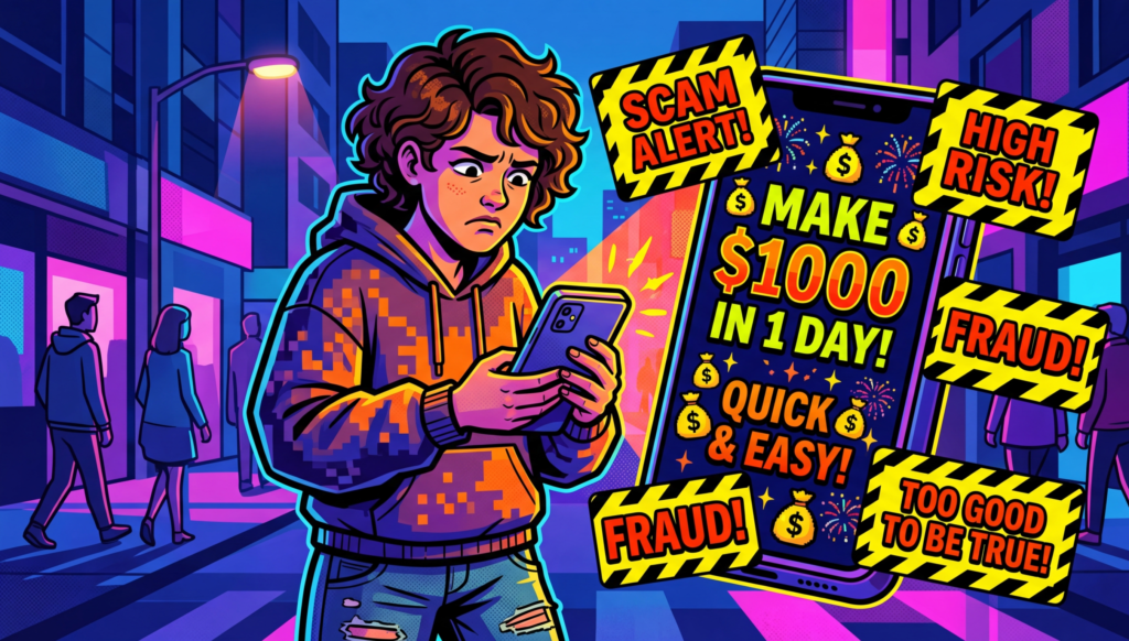 A smartphone showing flashy “Make $1000 in 1 day” ads with warning signs around, person looking confused, bold contrast colors, modern digital illustration