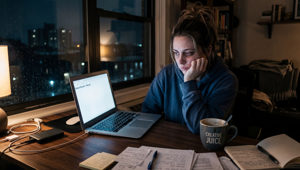 A tired freelancer staring at a blank screen with no results, coffee cup beside laptop, night scene, realistic photography style