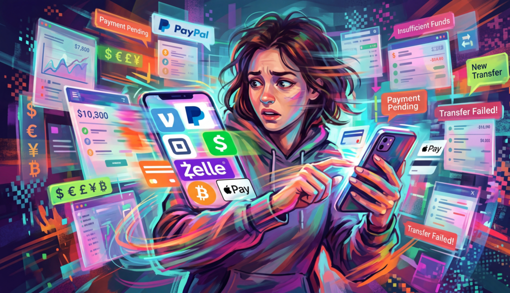 A person switching between different online money methods rapidly, blurred motion effect, symbolizing lack of focus, digital art, vibrant colors