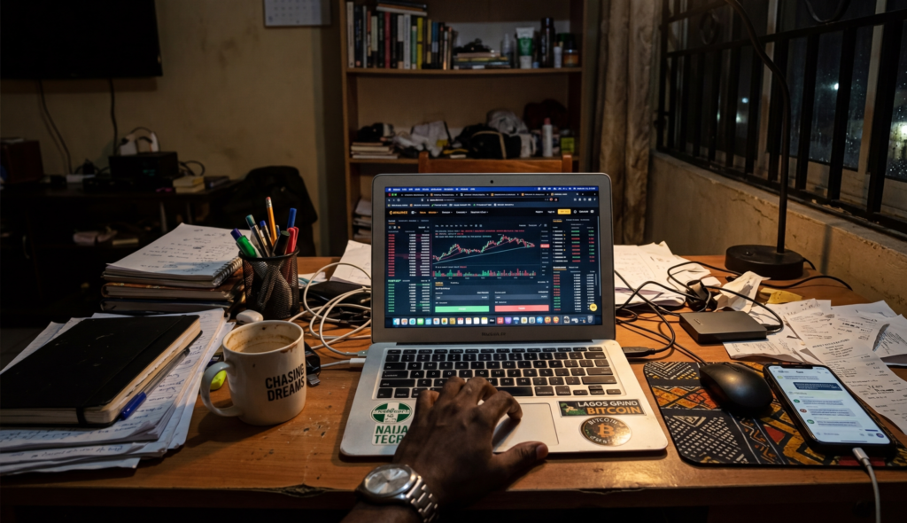 A cluttered desk with multiple tabs open on a laptop (crypto, blogging, trading, freelancing), representing confusion, African setting, moody lighting, realistic style