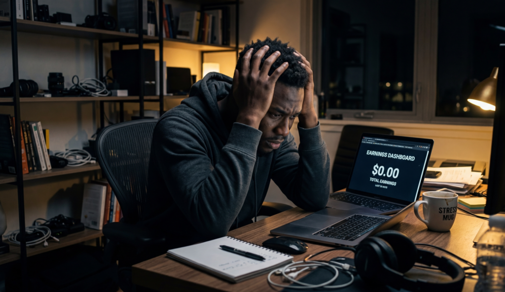 A frustrated young African man sitting with a laptop at night, holding his head in stress, glowing screen showing “$0 earnings”, dark room with dramatic lighting, realistic, cinematic, high detail, modern workspace