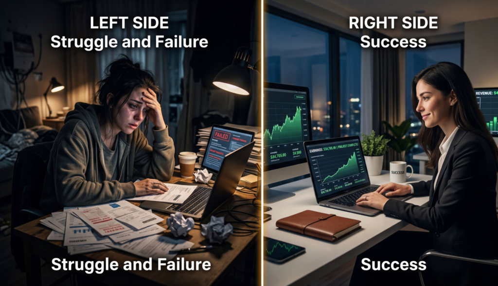 Split screen: left side shows struggle and failure (stress, confusion), right side shows success (earnings, calm workspace), high contrast, cinematic lighting
