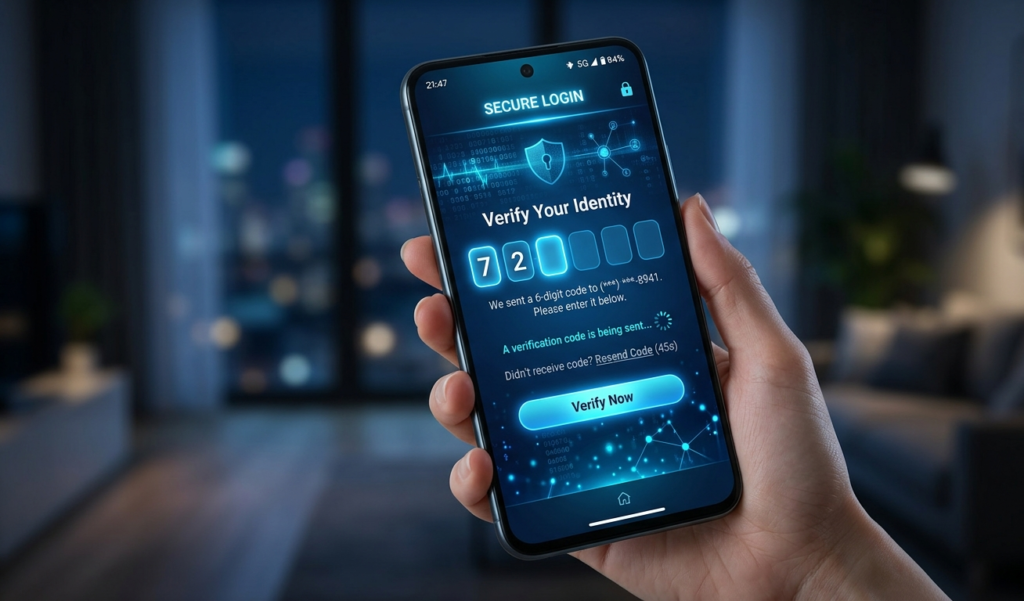 A smartphone showing a login screen with a verification code being sent, digital security interface, glowing elements, modern UI/UX style, blue tones